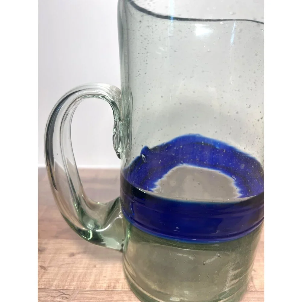 Handblown Glass Pitcher With Blue Accent Bubbles In Glass